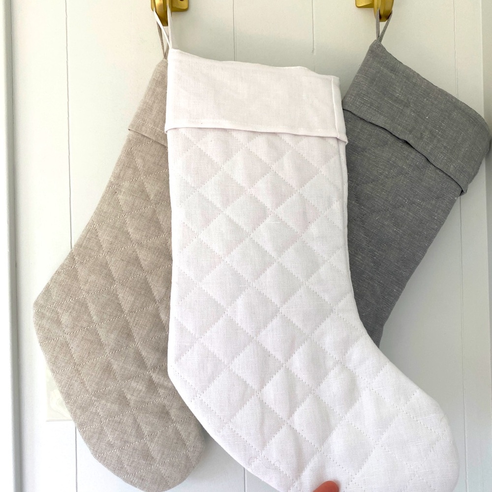 Quilted Christmas stockings, set of 3, neutral colors.